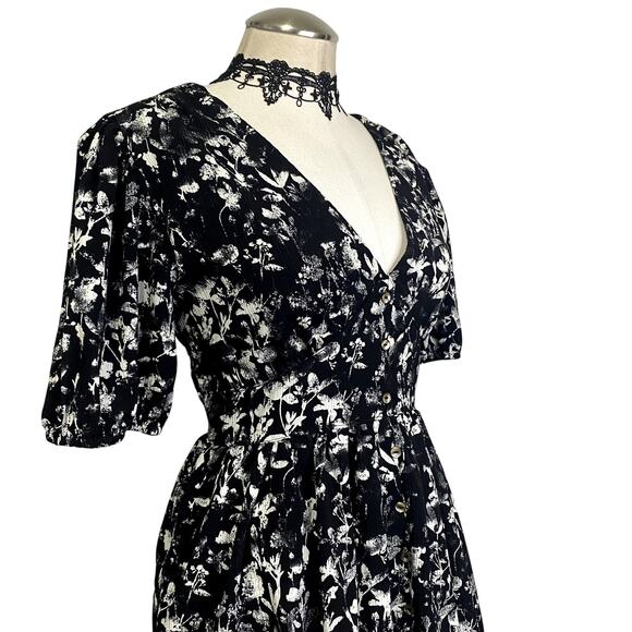 Distubia Floral Print Puff Sleeve Gothic Emo Alt Midi Dress - Picture 6 of 12